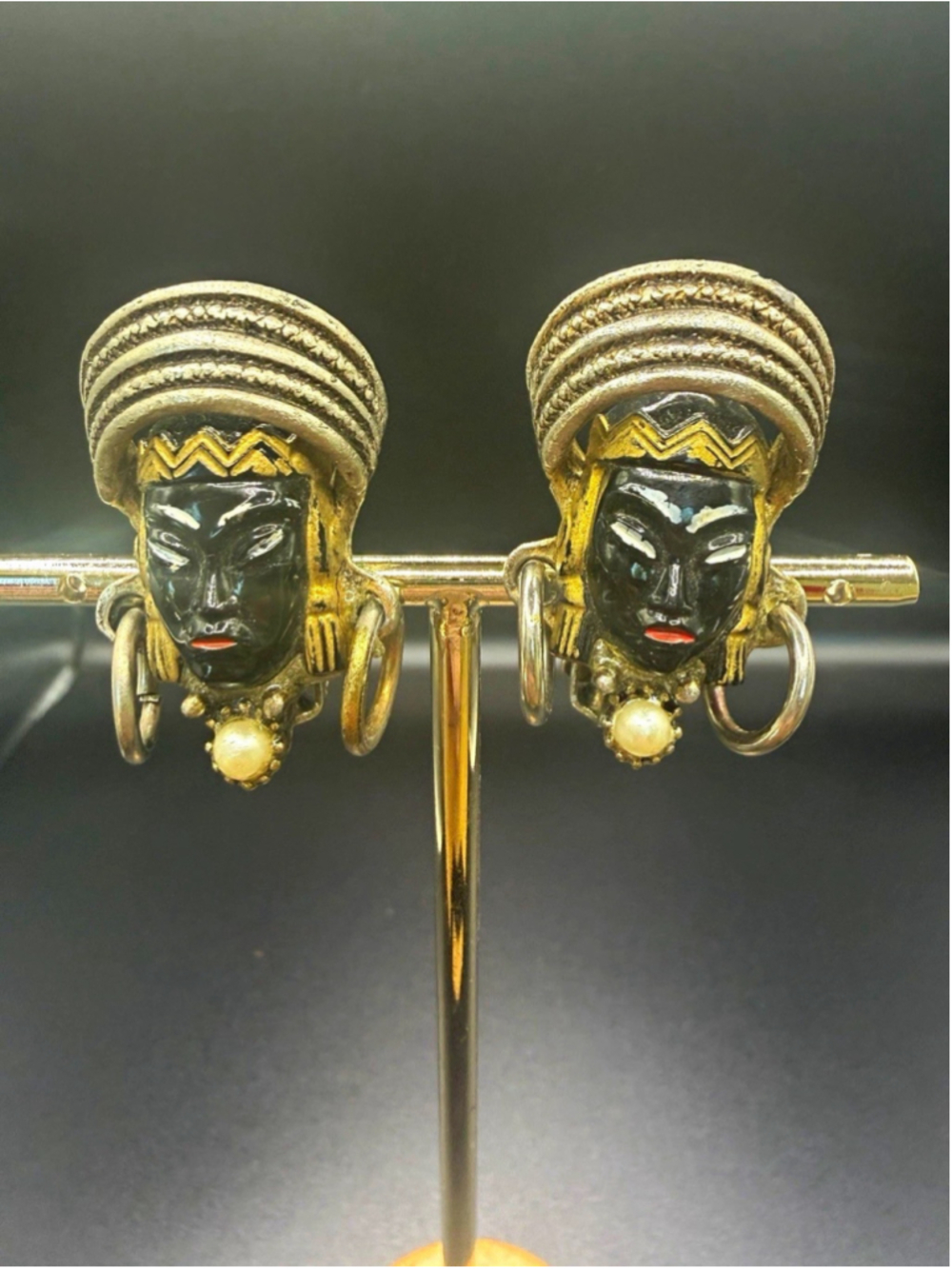 Vintage Selro Selini Blackamoor Princess Clip On Earrings Faux Pearl Figural